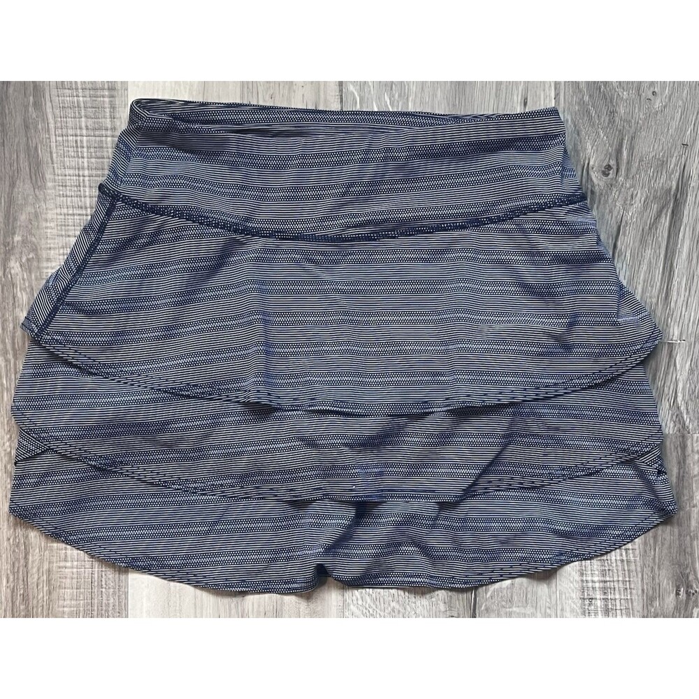 Athleta Swagger Tiered Skort MED Tall Navy Striped Dot Pickleball Tennis Skirt